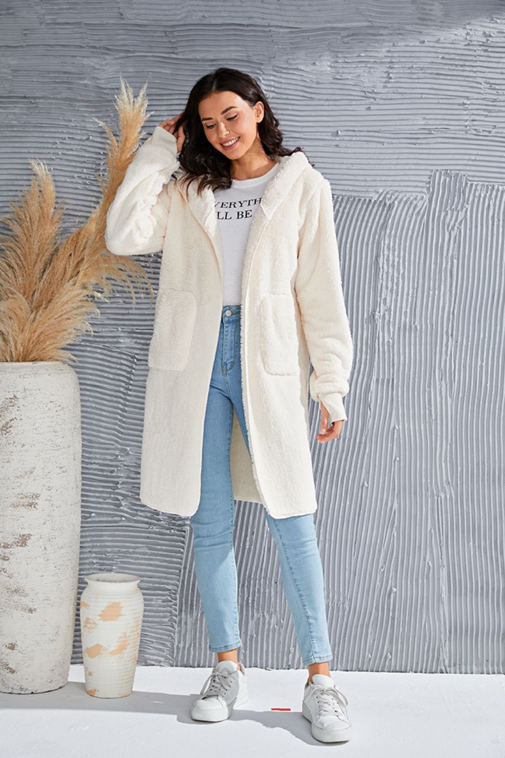 Double Take Full Size Hooded Teddy Bear Jacket with Thumbholes - Bella Blue Styles