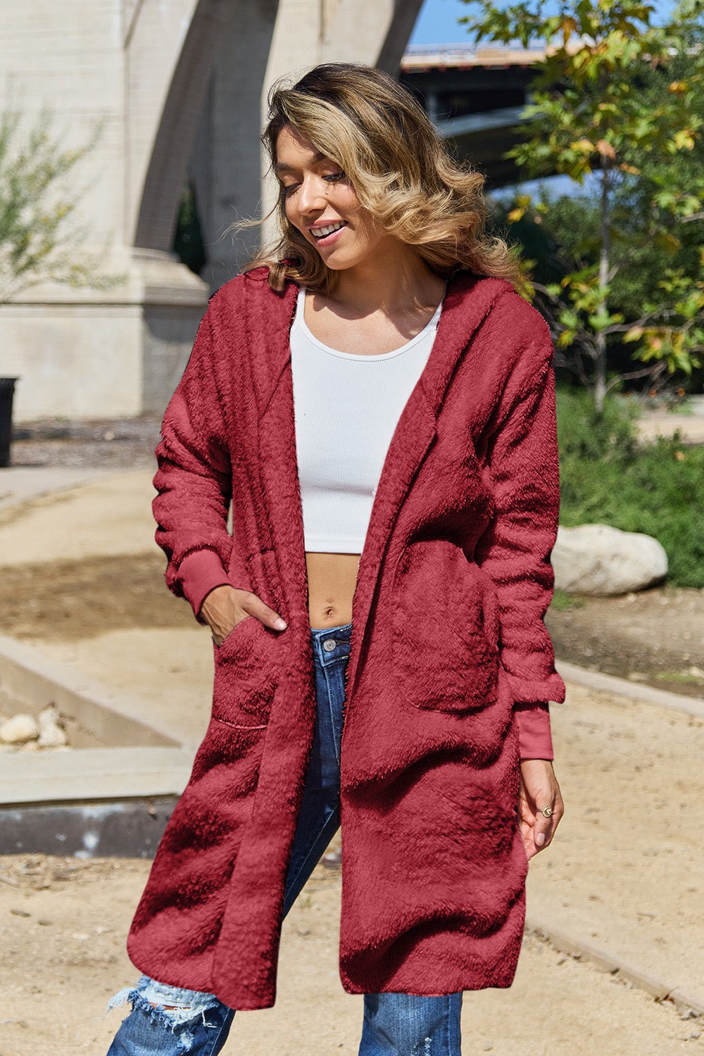 Double Take Full Size Hooded Teddy Bear Jacket with Thumbholes - Bella Blue Styles