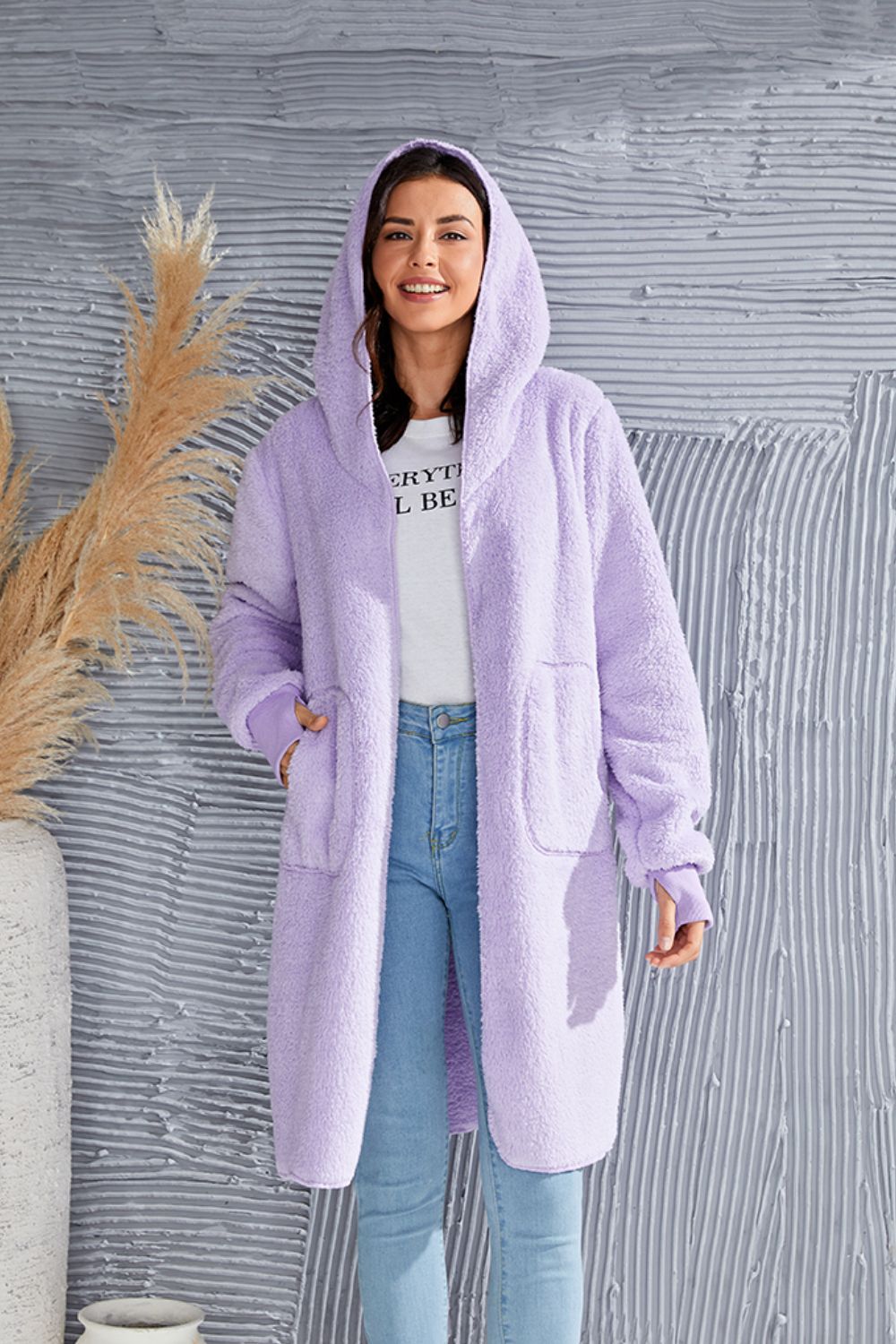 Double Take Full Size Hooded Teddy Bear Jacket with Thumbholes - Bella Blue Styles