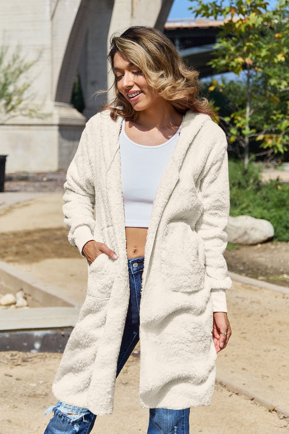 Double Take Full Size Hooded Teddy Bear Jacket with Thumbholes - Bella Blue Styles