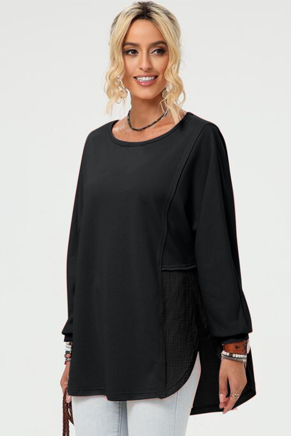 Double Take Full Size Long Sleeve High - Low T-Shirt - Bella Blue Styles