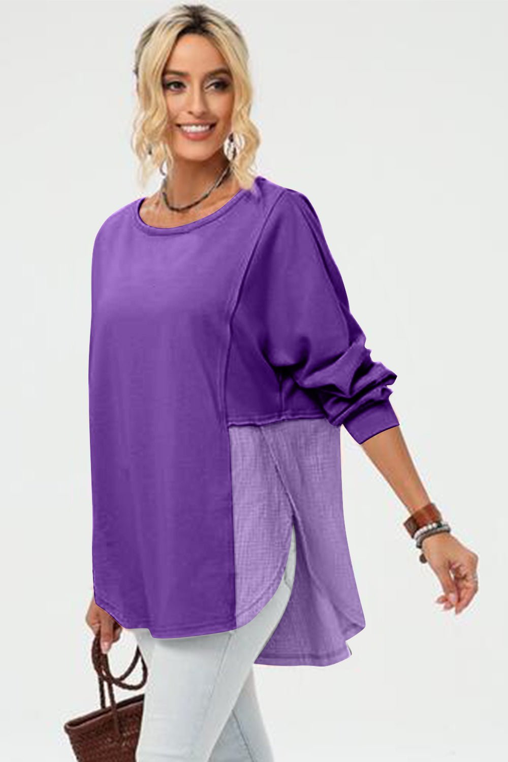Double Take Full Size Long Sleeve High - Low T-Shirt - Bella Blue Styles