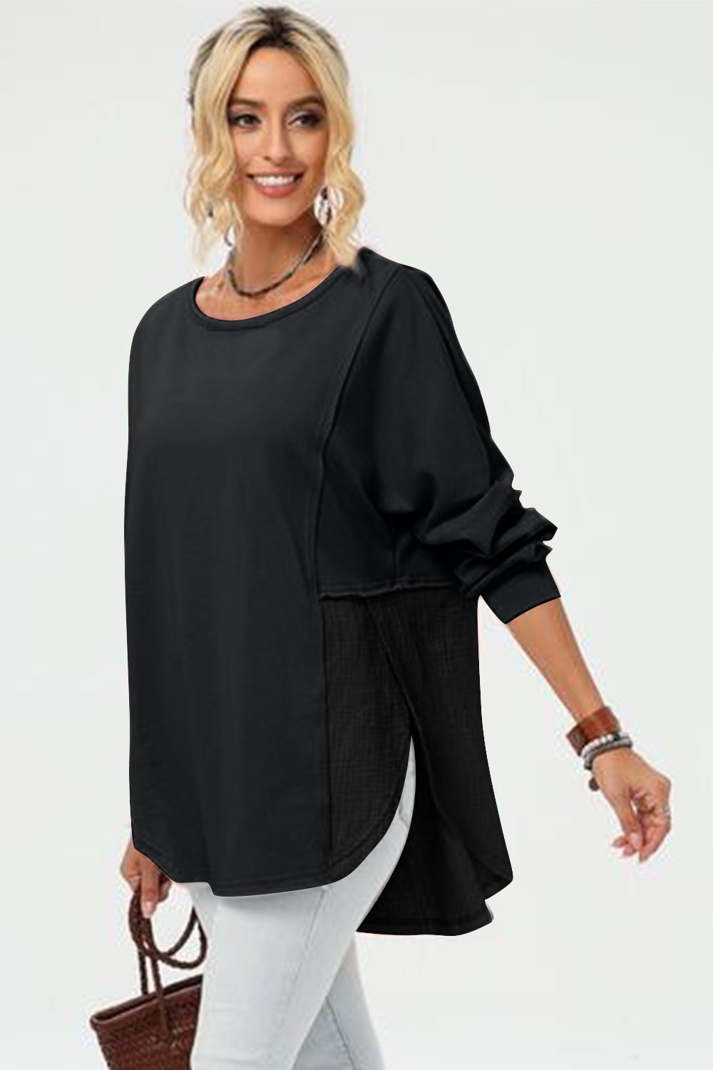 Double Take Full Size Long Sleeve High - Low T-Shirt - Bella Blue Styles