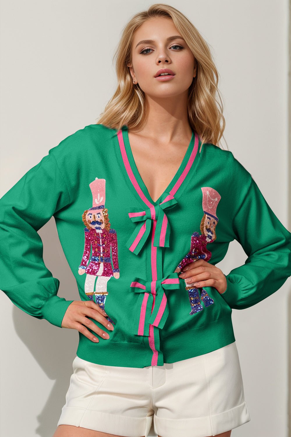 Double Take Full Size Nutcracker Sequin Bow Decor Cardigan - Bella Blue Styles