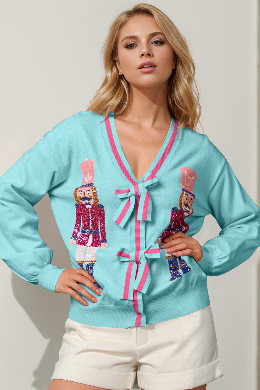 Double Take Full Size Nutcracker Sequin Bow Decor Cardigan - Bella Blue Styles