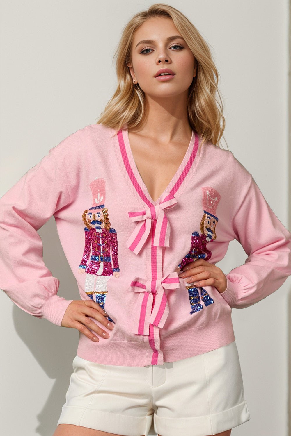 Double Take Full Size Nutcracker Sequin Bow Decor Cardigan - Bella Blue Styles