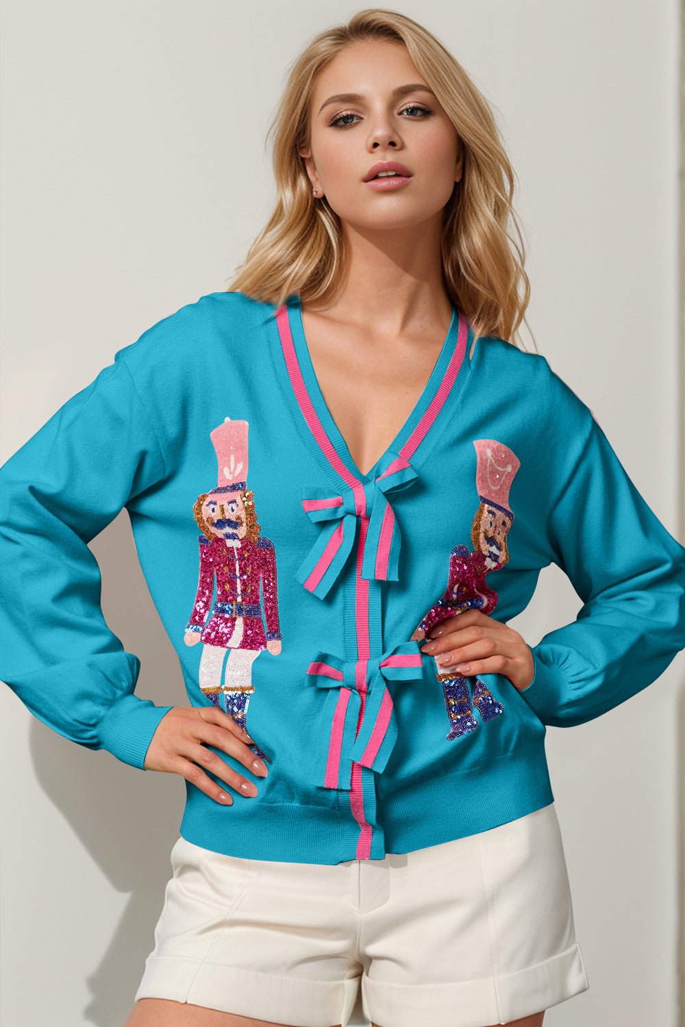 Double Take Full Size Nutcracker Sequin Bow Decor Cardigan - Bella Blue Styles