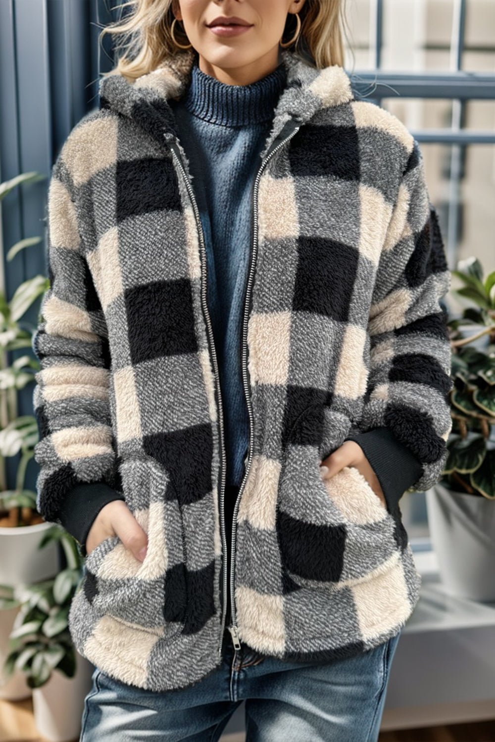 Double Take Full Size Plaid Long Sleeve Hooded Coat - Bella Blue Styles