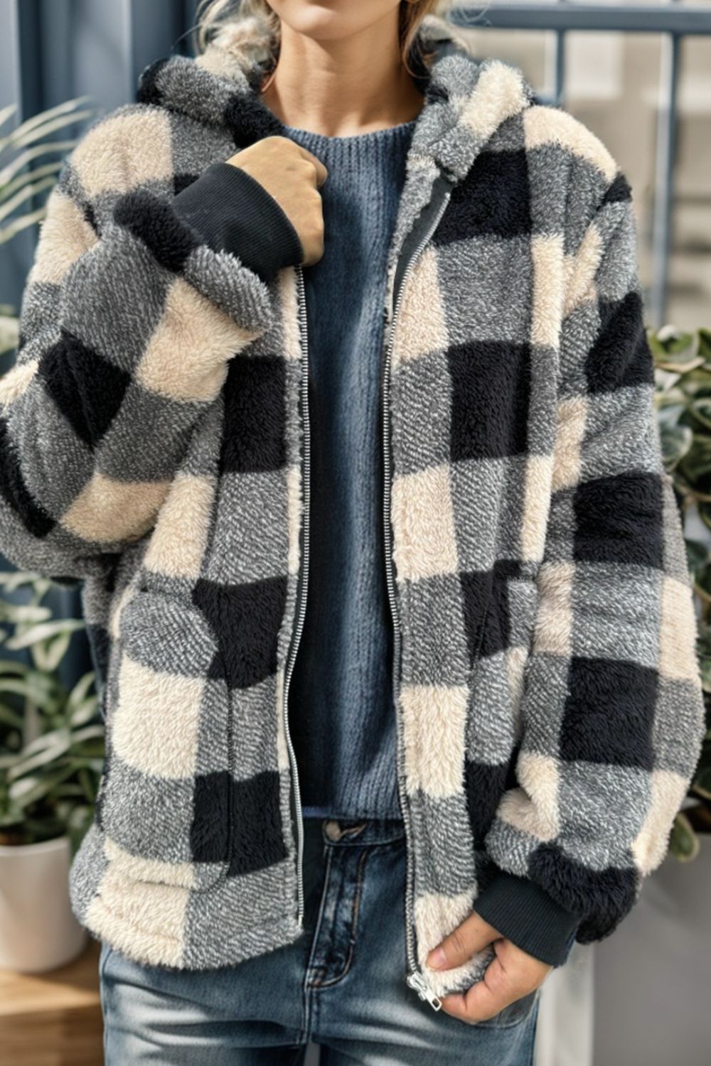 Double Take Full Size Plaid Long Sleeve Hooded Coat - Bella Blue Styles