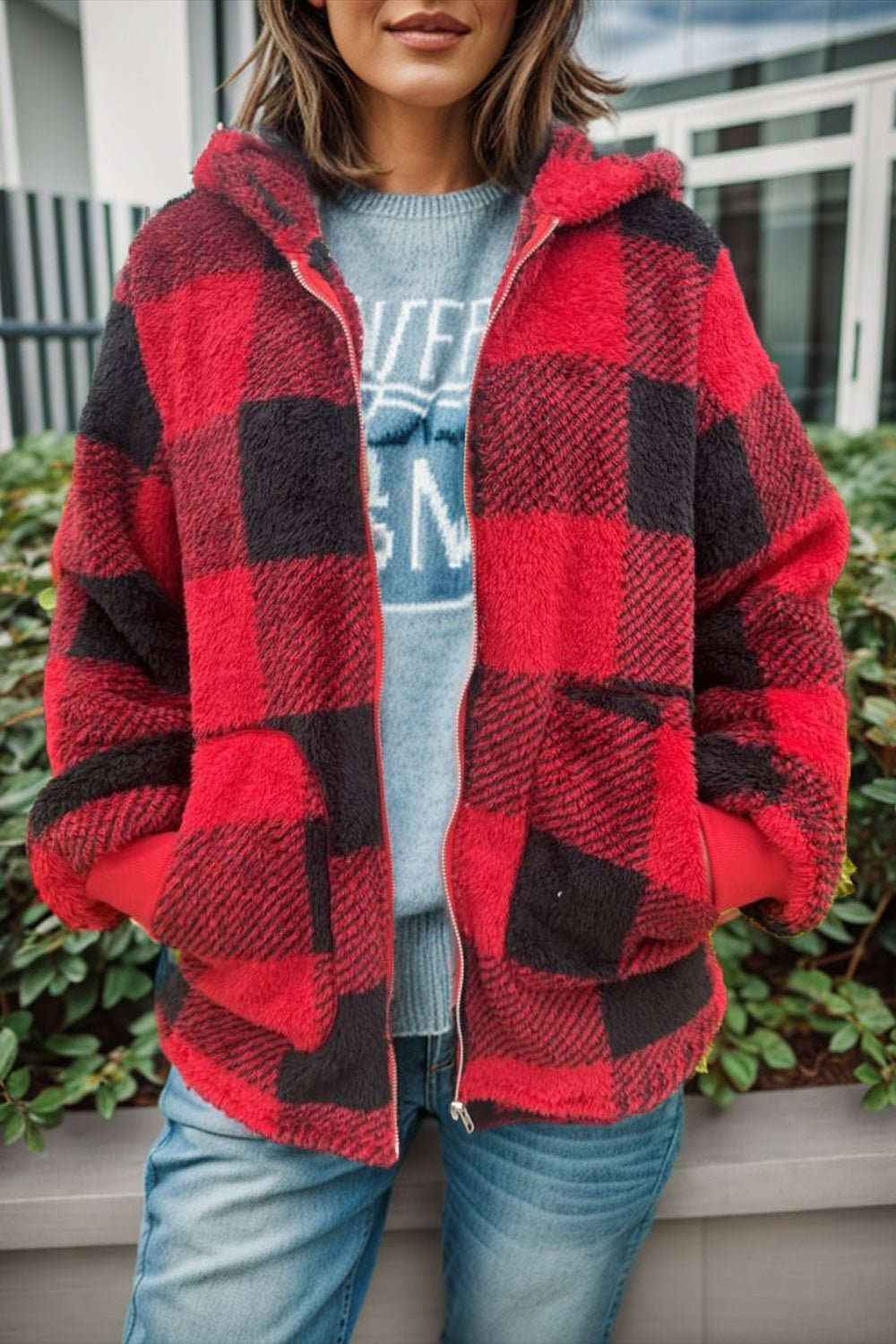 Double Take Full Size Plaid Long Sleeve Hooded Coat - Bella Blue Styles