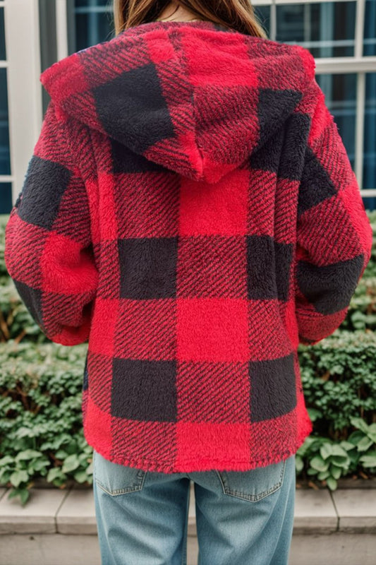 Double Take Full Size Plaid Long Sleeve Hooded Coat - Bella Blue Styles