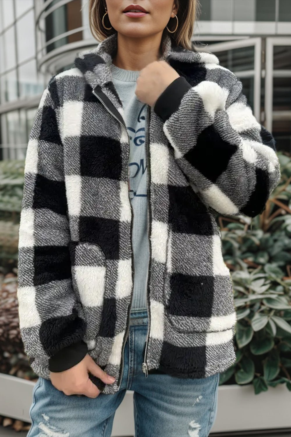 Double Take Full Size Plaid Long Sleeve Hooded Coat - Bella Blue Styles