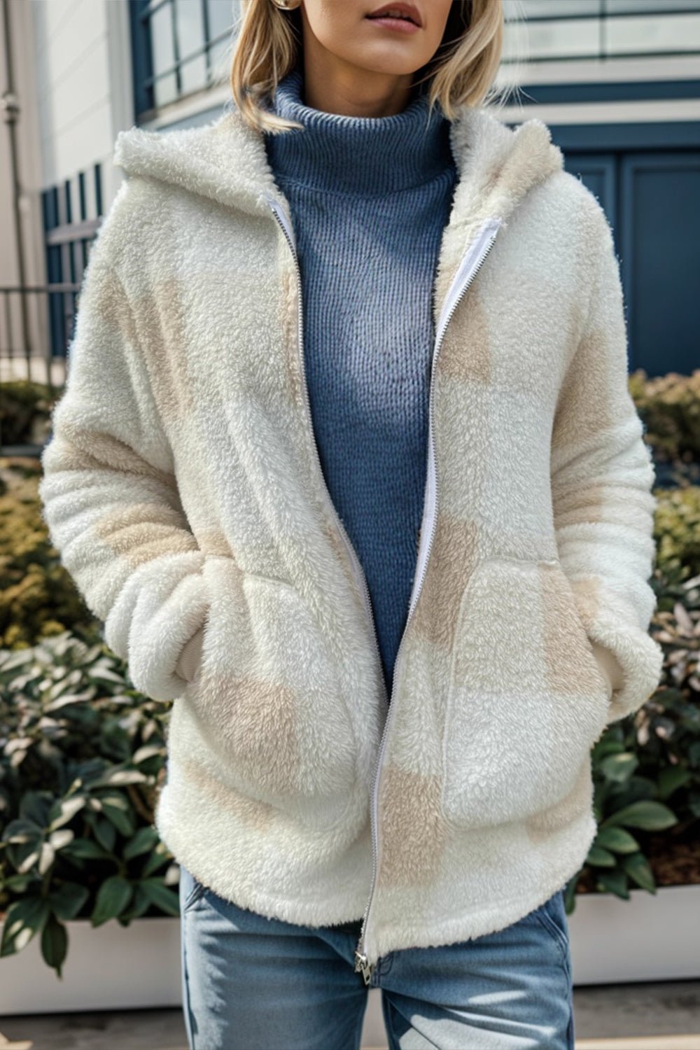 Double Take Full Size Plaid Long Sleeve Hooded Coat - Bella Blue Styles