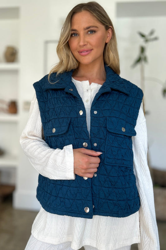 Double Take Full Size Pocketed Texture Snap Down Vest Coat - Bella Blue Styles
