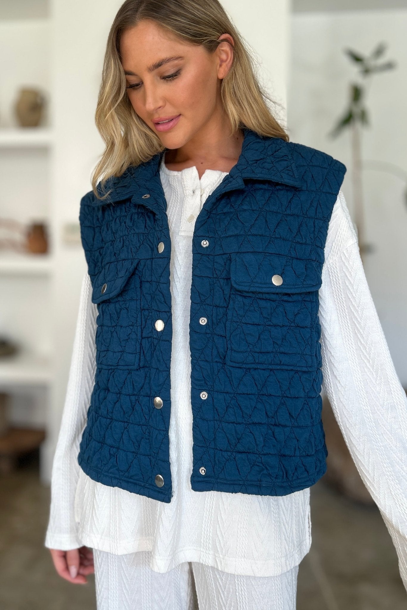 Double Take Full Size Pocketed Texture Snap Down Vest Coat - Bella Blue Styles