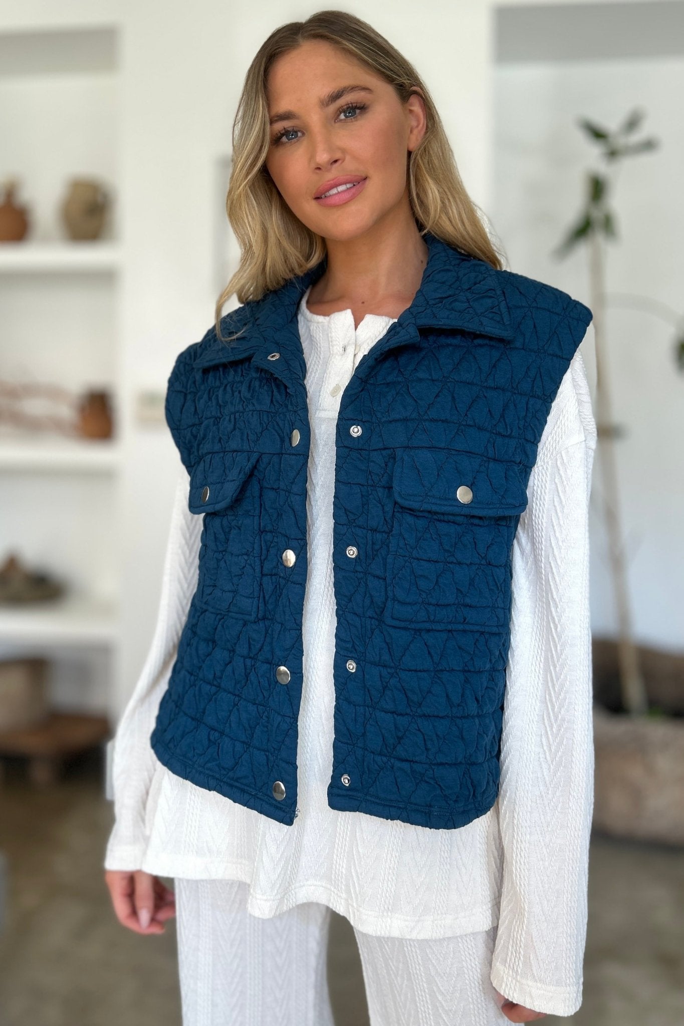 Double Take Full Size Pocketed Texture Snap Down Vest Coat - Bella Blue Styles