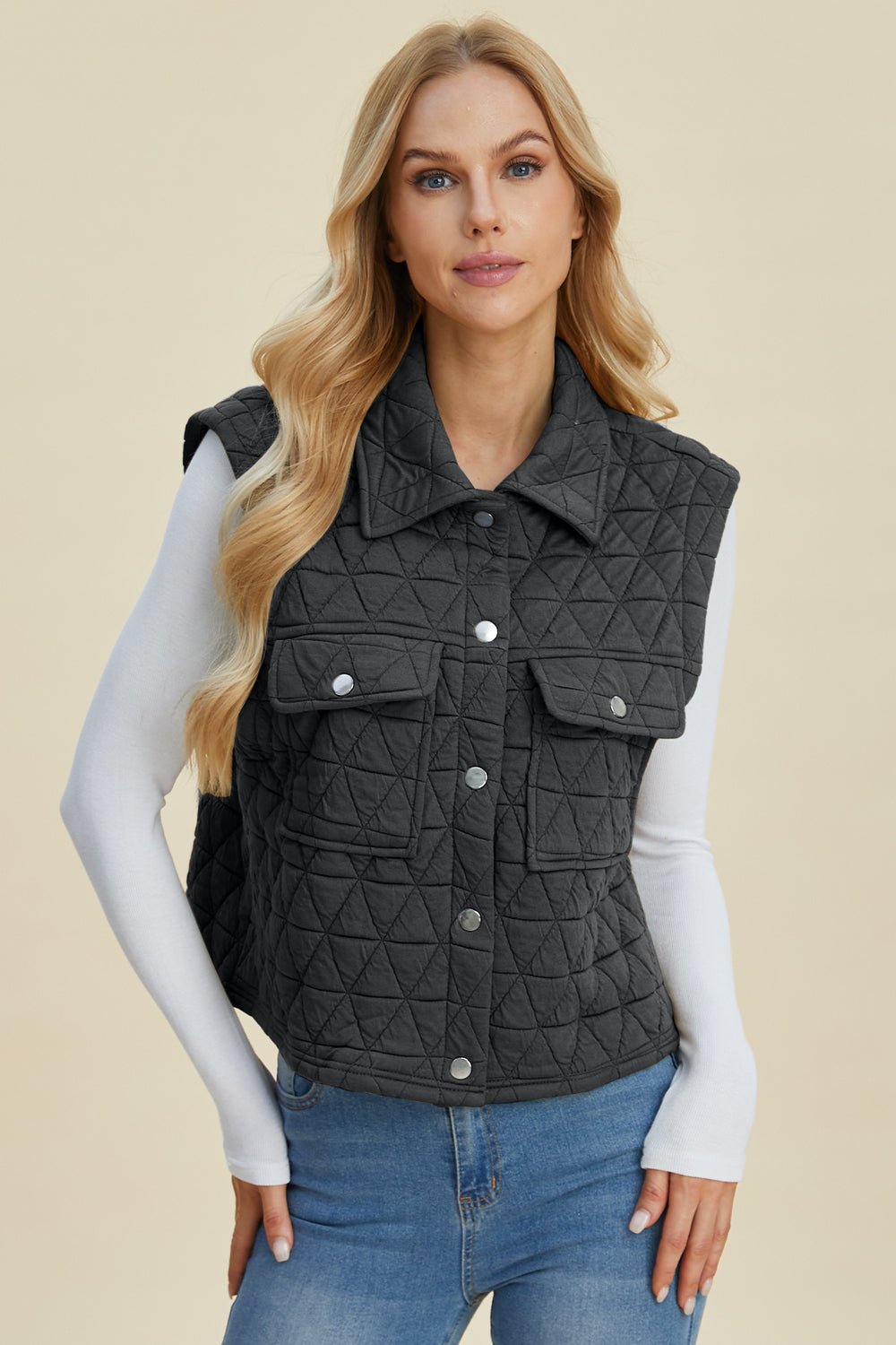 Double Take Full Size Pocketed Texture Snap Down Vest Coat - Bella Blue Styles