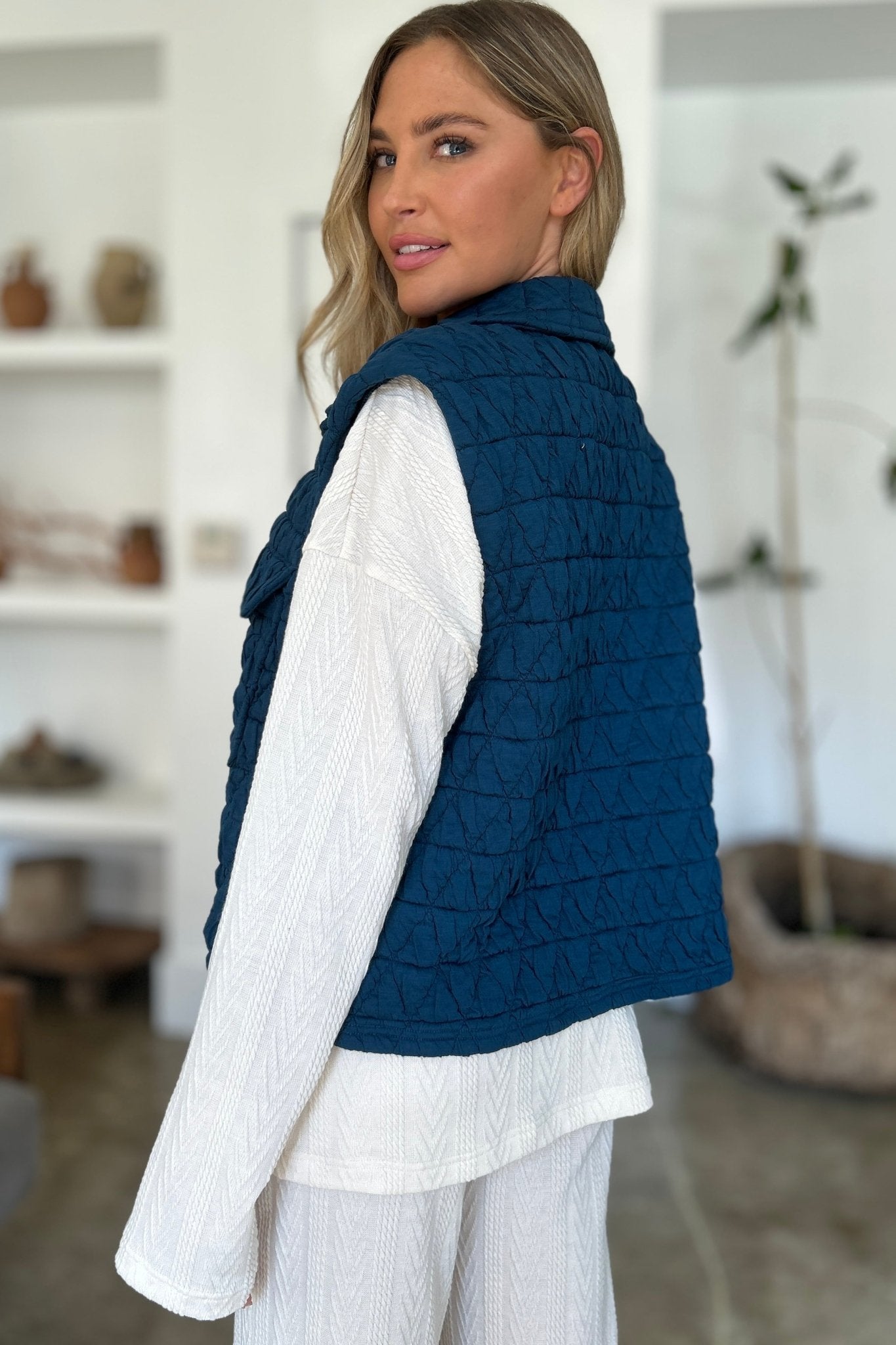 Double Take Full Size Pocketed Texture Snap Down Vest Coat - Bella Blue Styles