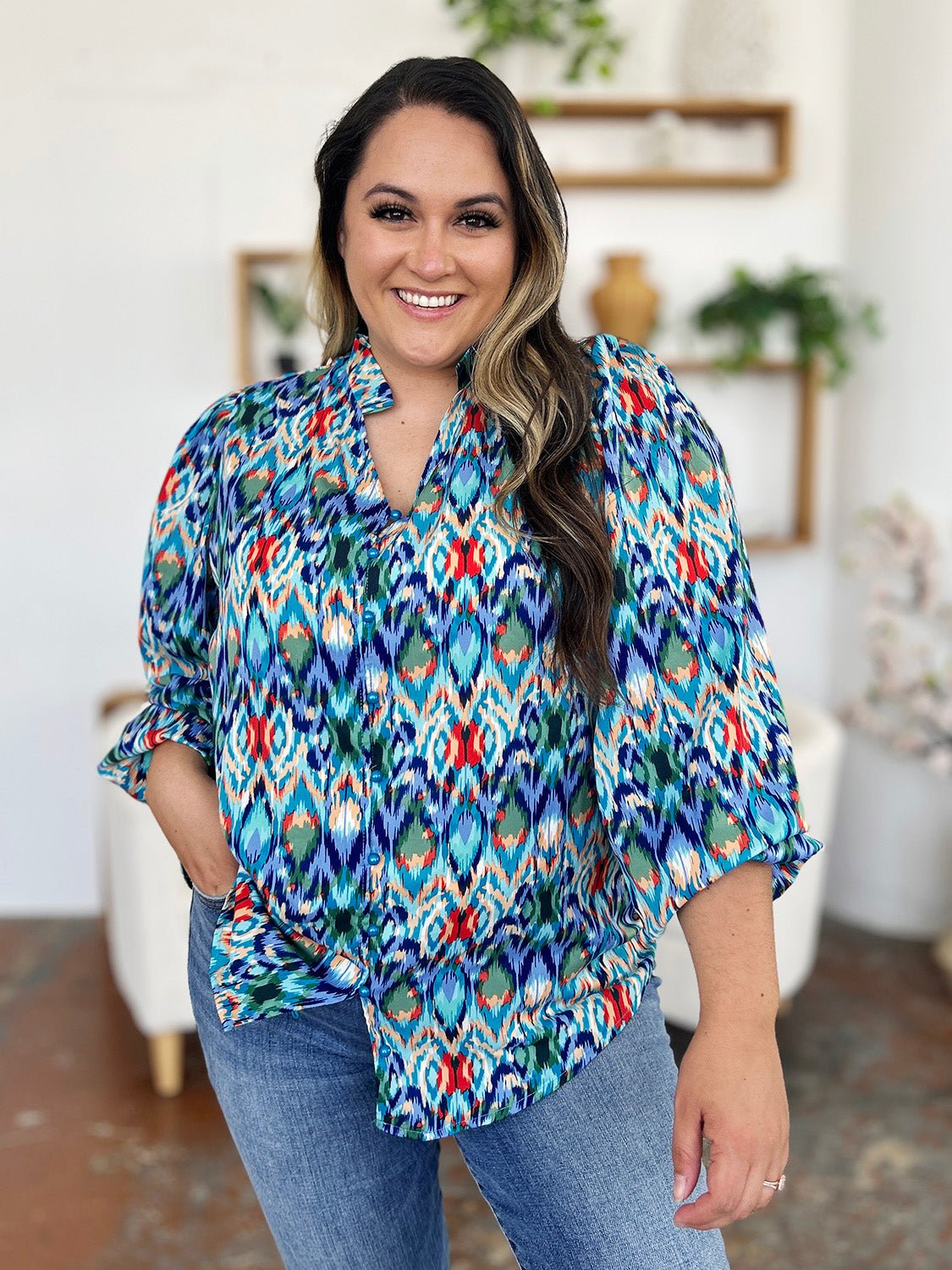 Double Take Full Size Printed Balloon Sleeve Blouse - Bella Blue Styles