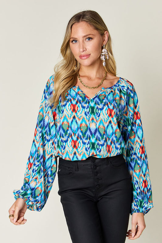 Double Take Full Size Printed Balloon Sleeve Blouse - Bella Blue Styles