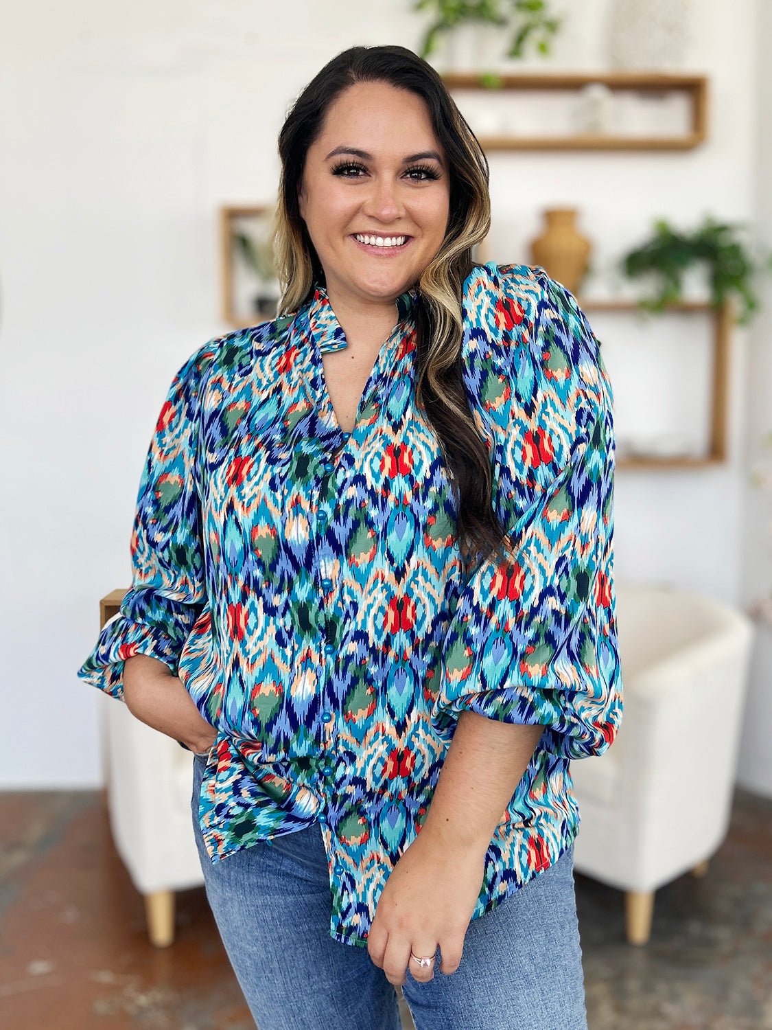 Double Take Full Size Printed Balloon Sleeve Blouse - Bella Blue Styles