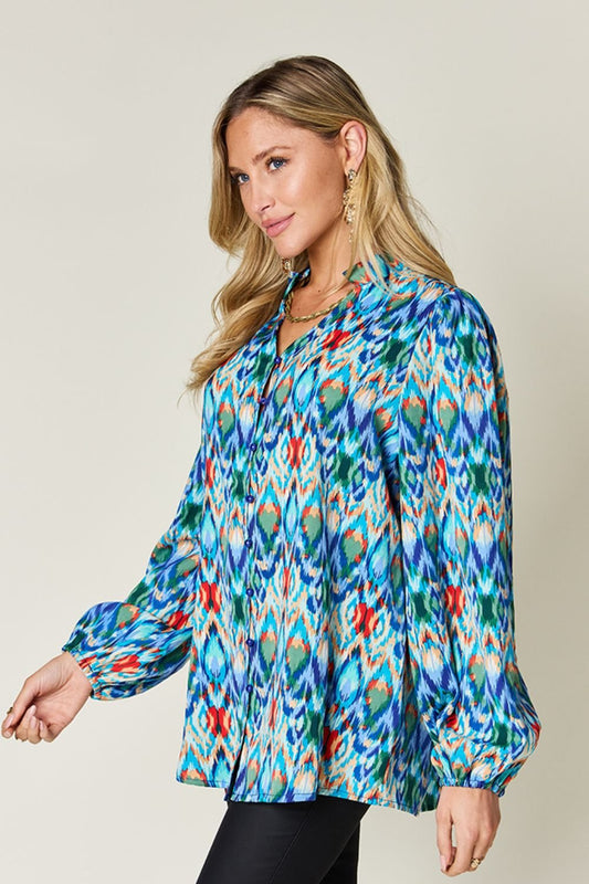 Double Take Full Size Printed Balloon Sleeve Blouse - Bella Blue Styles