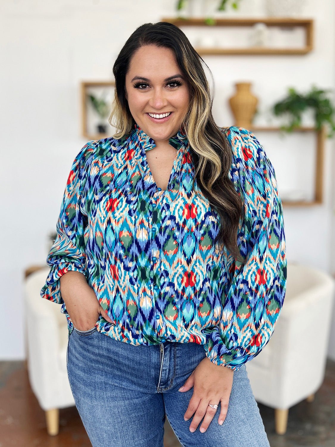 Double Take Full Size Printed Balloon Sleeve Blouse - Bella Blue Styles
