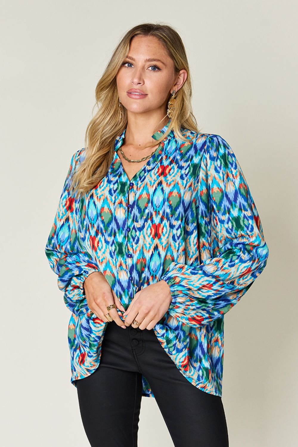Double Take Full Size Printed Balloon Sleeve Blouse - Bella Blue Styles