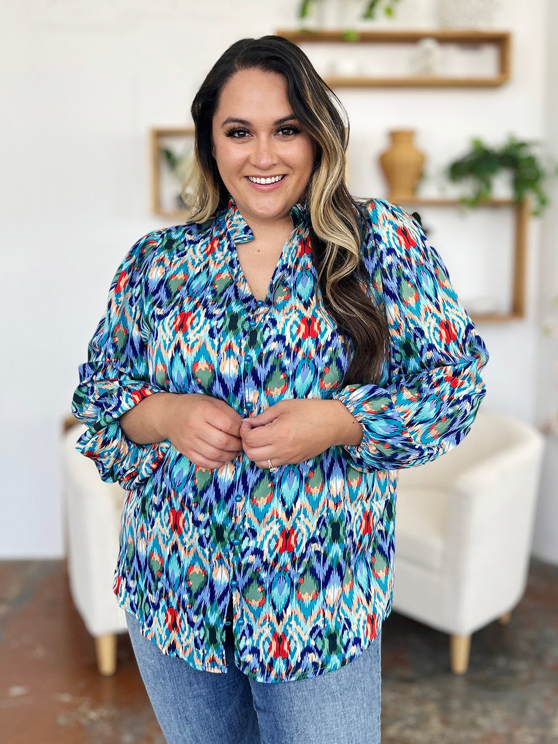 Double Take Full Size Printed Balloon Sleeve Blouse - Bella Blue Styles