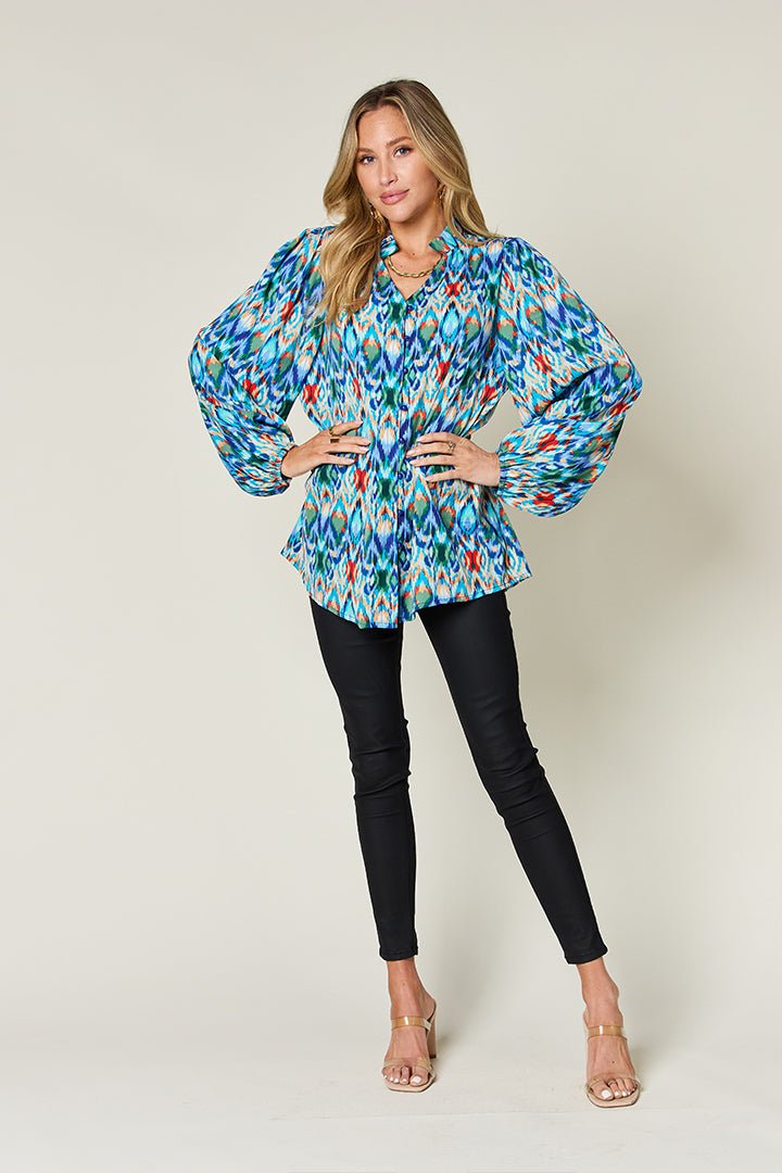 Double Take Full Size Printed Balloon Sleeve Blouse - Bella Blue Styles