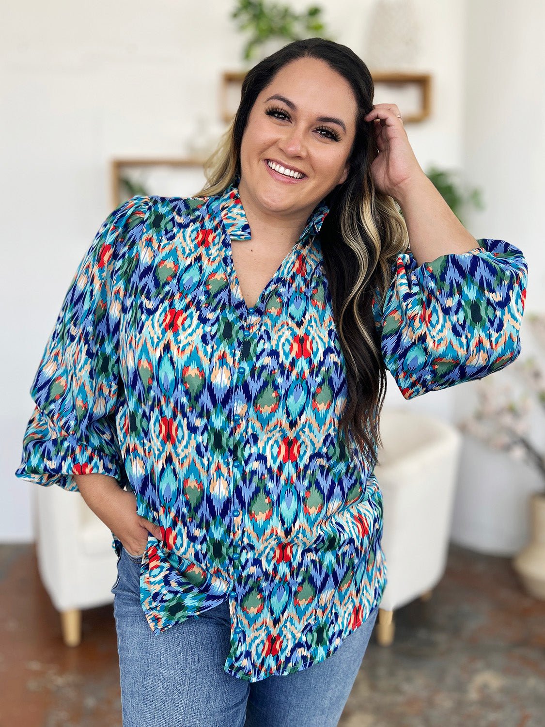Double Take Full Size Printed Balloon Sleeve Blouse - Bella Blue Styles