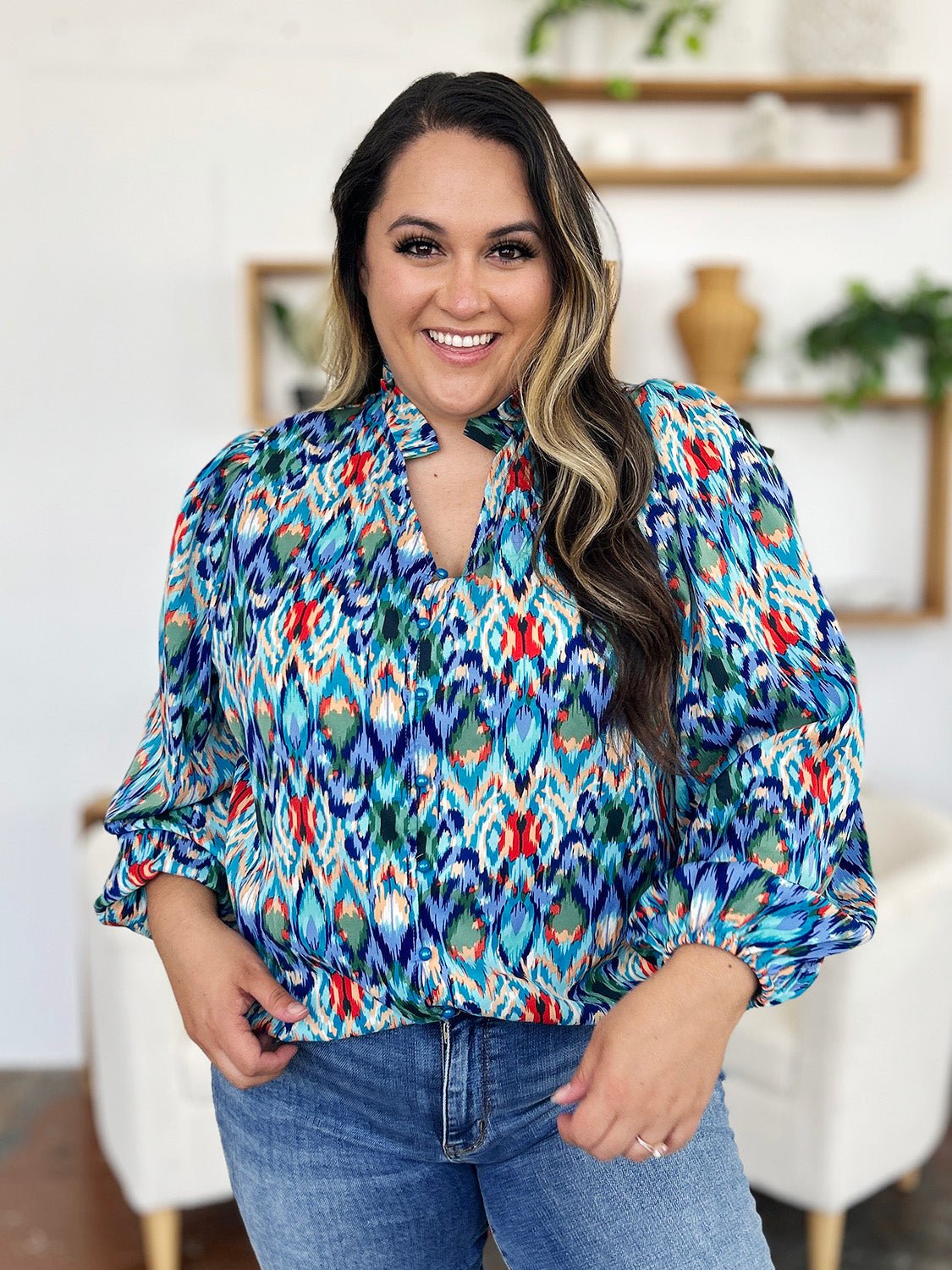 Double Take Full Size Printed Balloon Sleeve Blouse - Bella Blue Styles