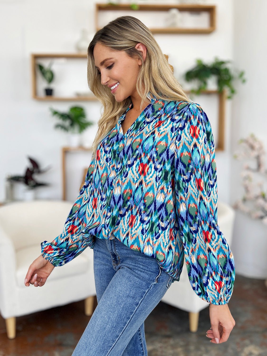 Double Take Full Size Printed Balloon Sleeve Blouse - Bella Blue Styles
