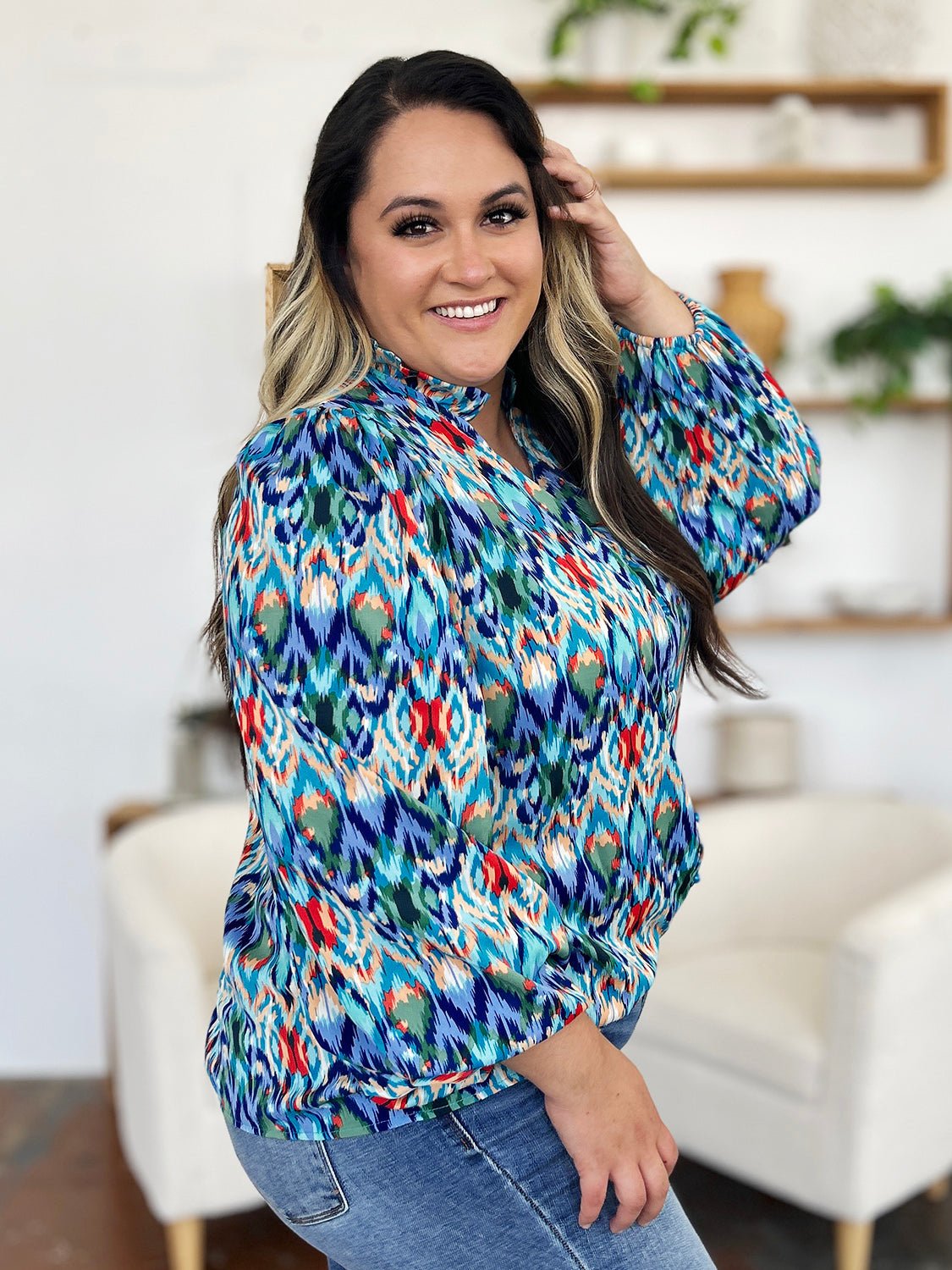 Double Take Full Size Printed Balloon Sleeve Blouse - Bella Blue Styles