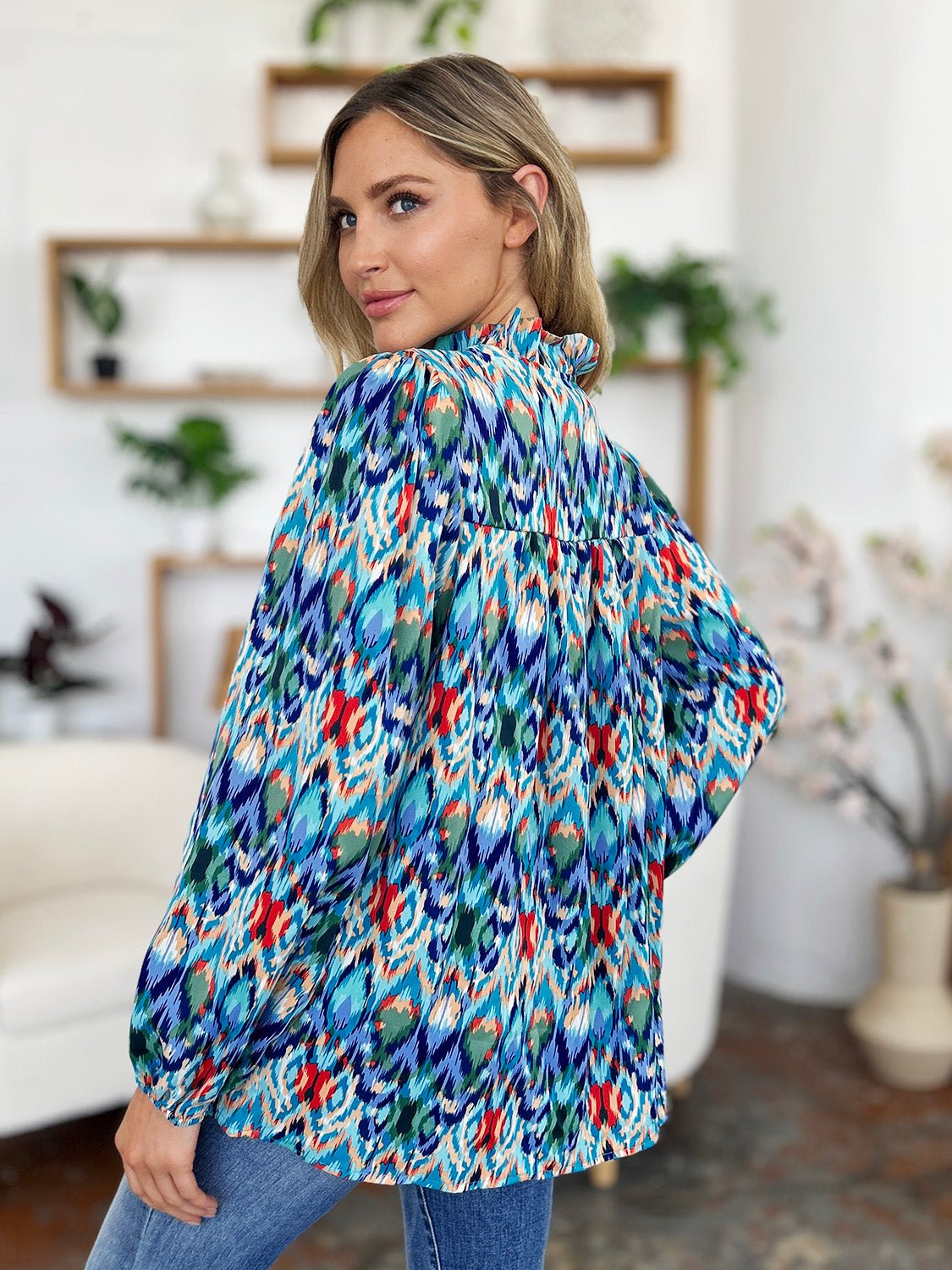 Double Take Full Size Printed Balloon Sleeve Blouse - Bella Blue Styles