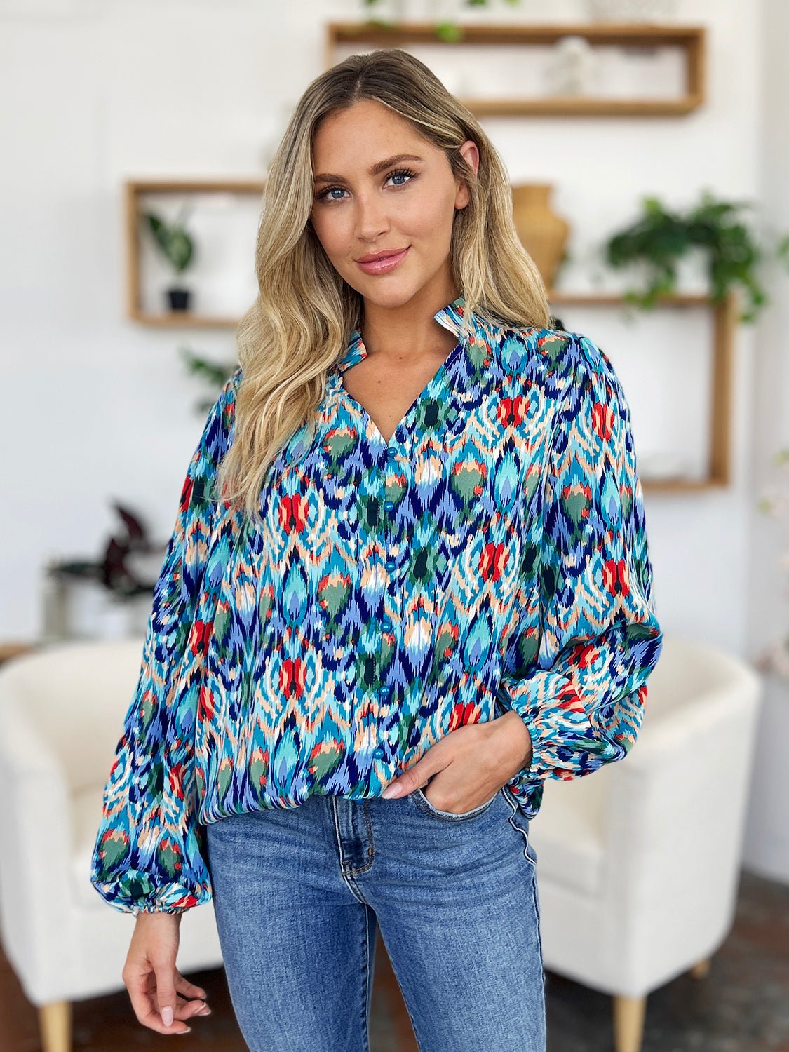Double Take Full Size Printed Balloon Sleeve Blouse - Bella Blue Styles