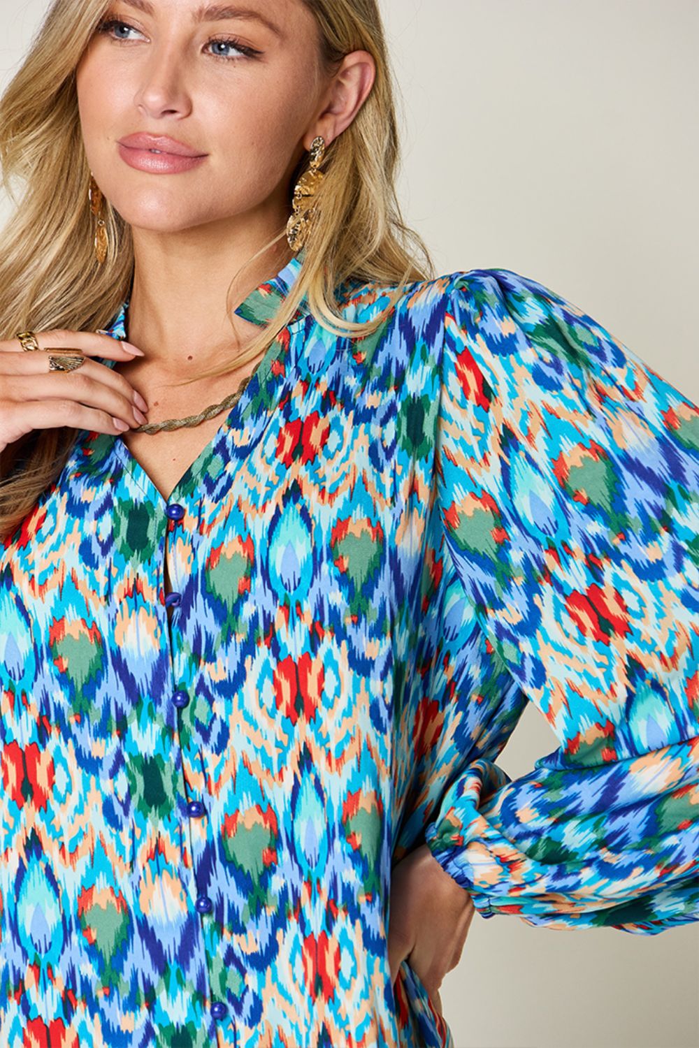 Double Take Full Size Printed Balloon Sleeve Blouse - Bella Blue Styles