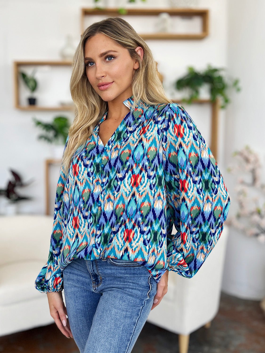 Double Take Full Size Printed Balloon Sleeve Blouse - Bella Blue Styles