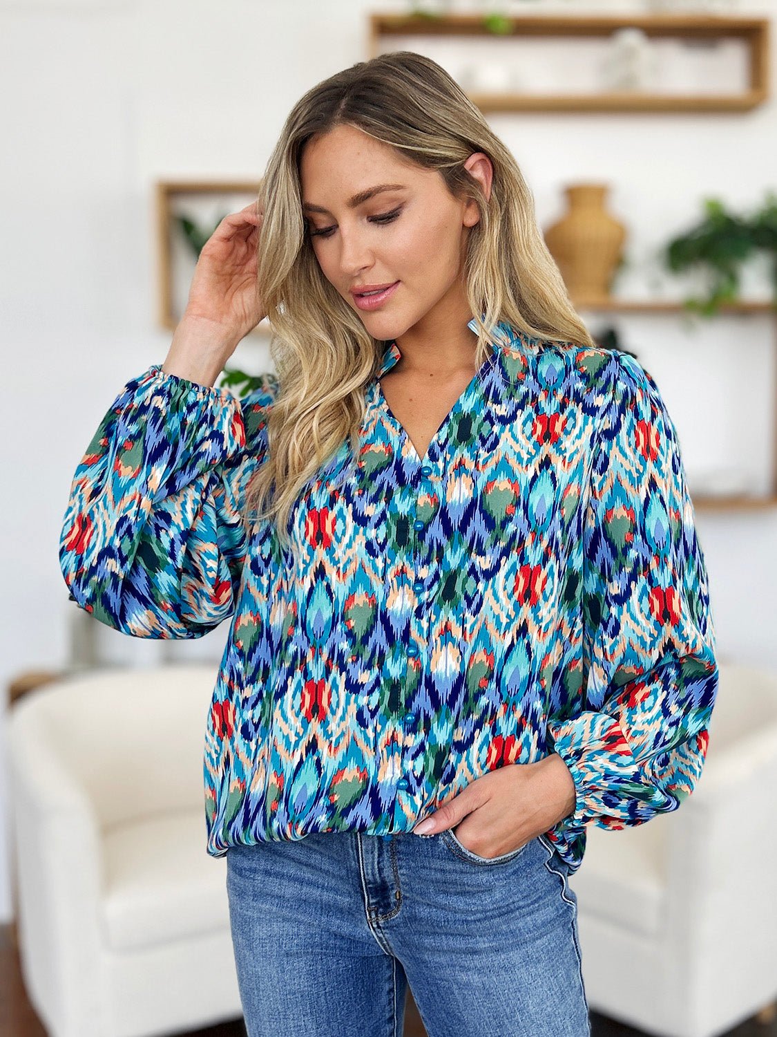 Double Take Full Size Printed Balloon Sleeve Blouse - Bella Blue Styles
