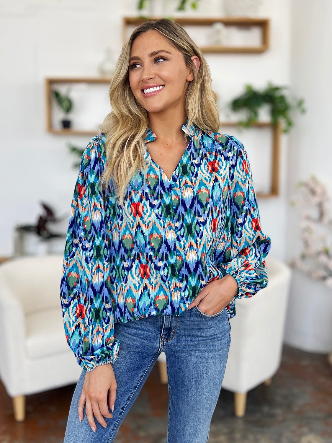 Double Take Full Size Printed Balloon Sleeve Blouse - Bella Blue Styles