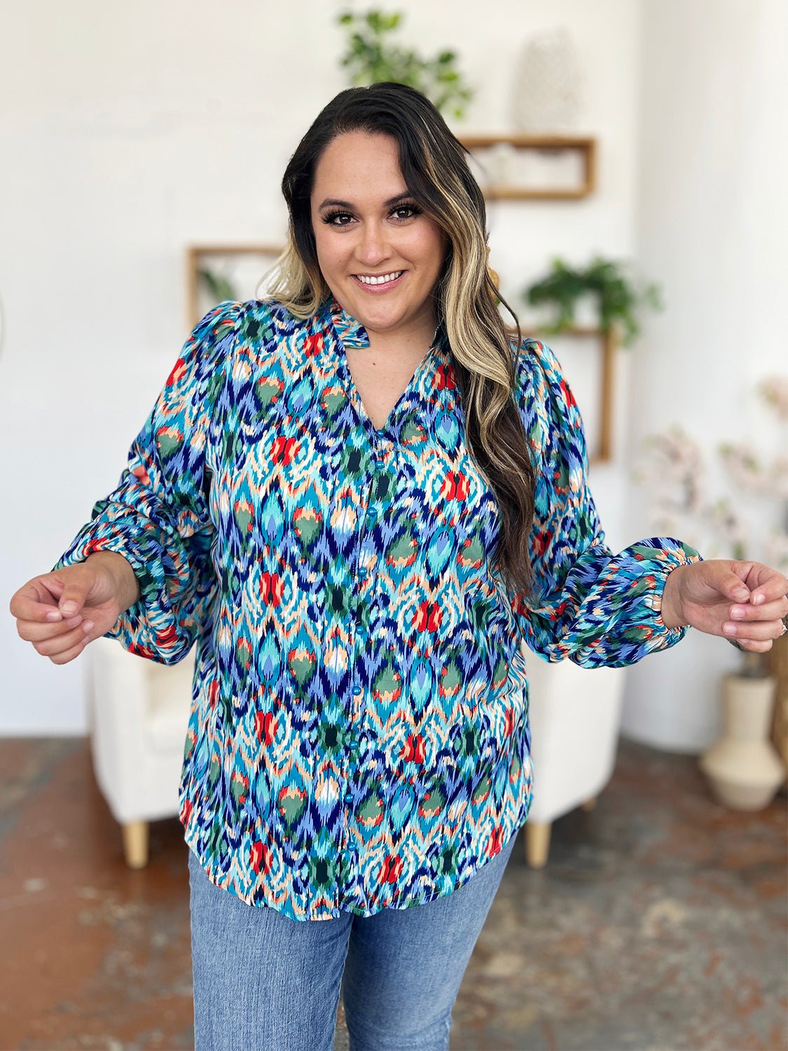 Double Take Full Size Printed Balloon Sleeve Blouse - Bella Blue Styles