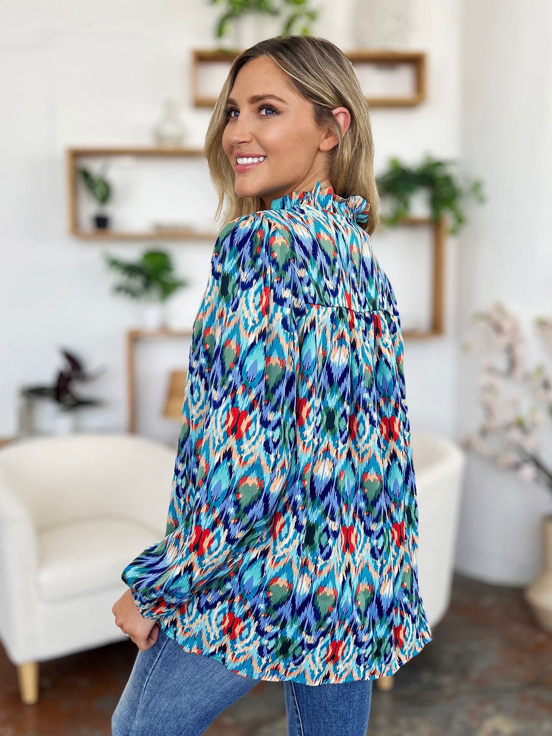 Double Take Full Size Printed Balloon Sleeve Blouse - Bella Blue Styles