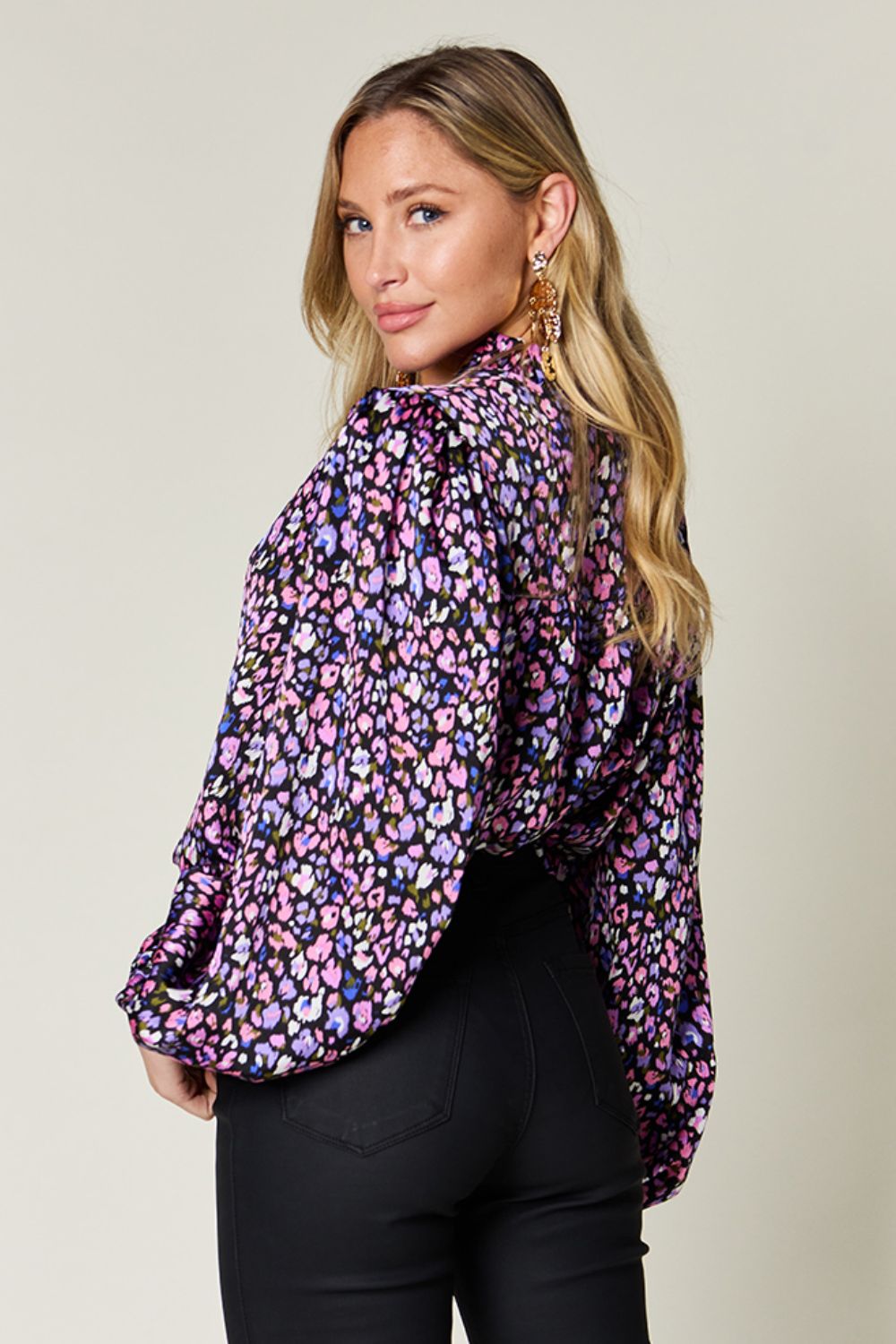 Double Take Full Size Printed Balloon Sleeve Shirt - Bella Blue Styles