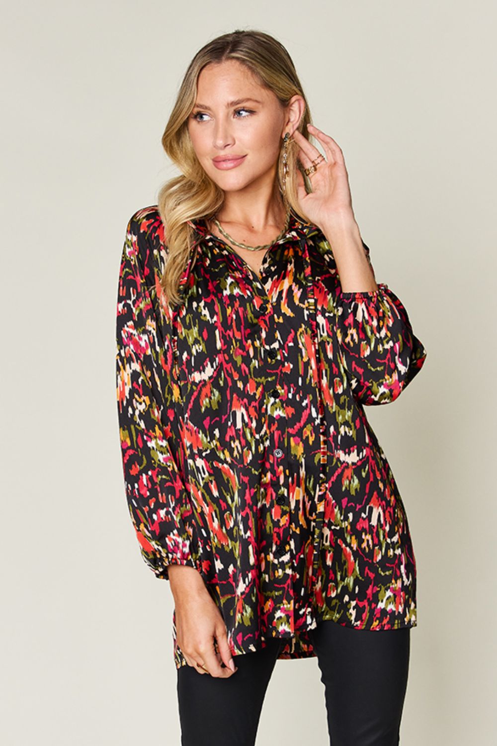 Double Take Full Size Printed Button Up Long Sleeve Shirt - Bella Blue Styles
