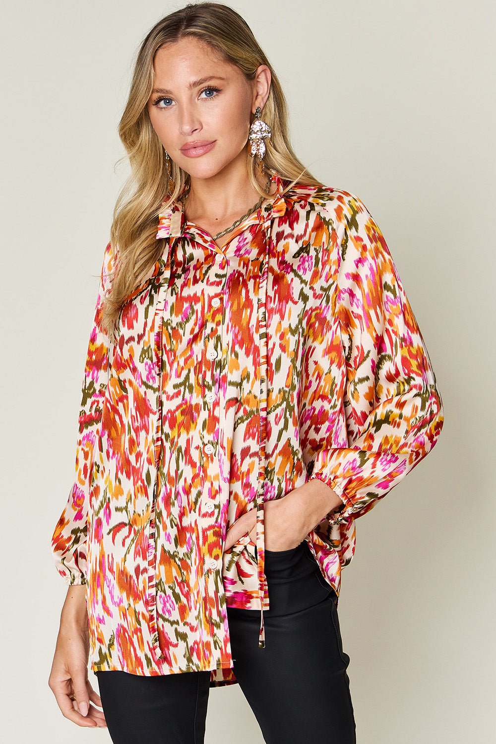Double Take Full Size Printed Button Up Long Sleeve Shirt - Bella Blue Styles