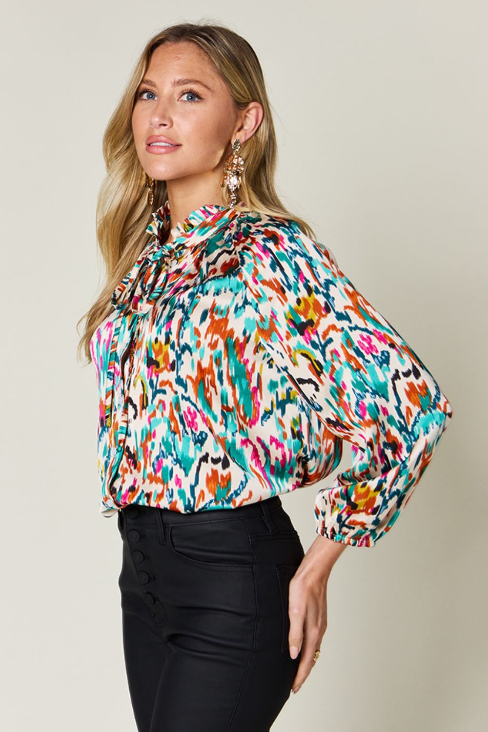 Double Take Full Size Printed Button Up Long Sleeve Shirt - Bella Blue Styles