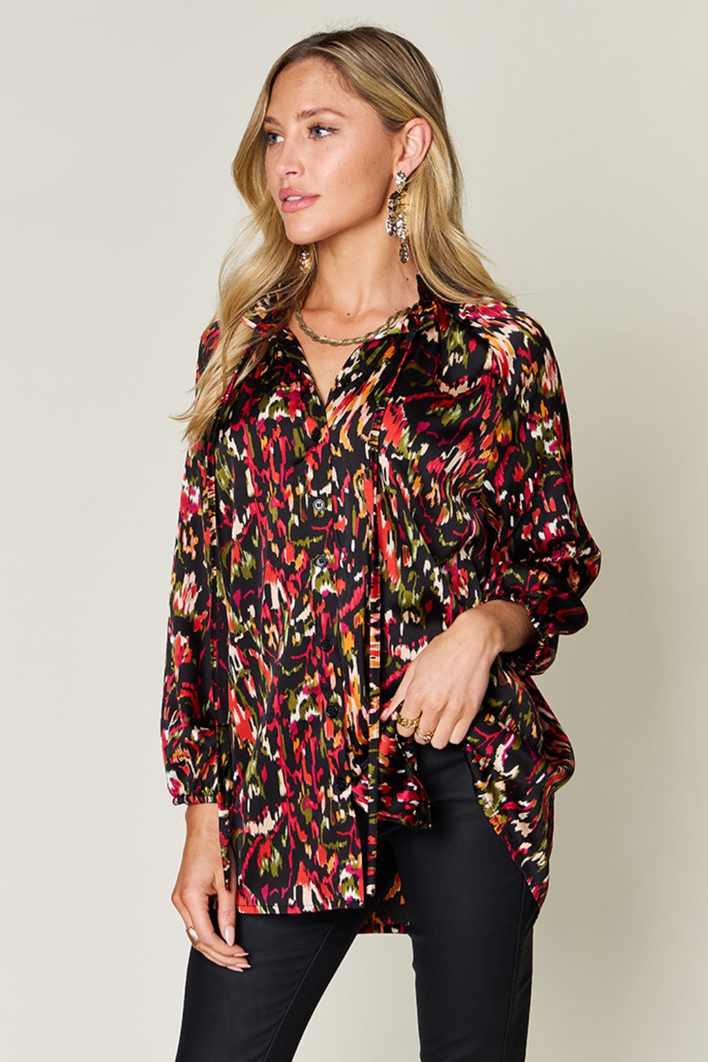 Double Take Full Size Printed Button Up Long Sleeve Shirt - Bella Blue Styles