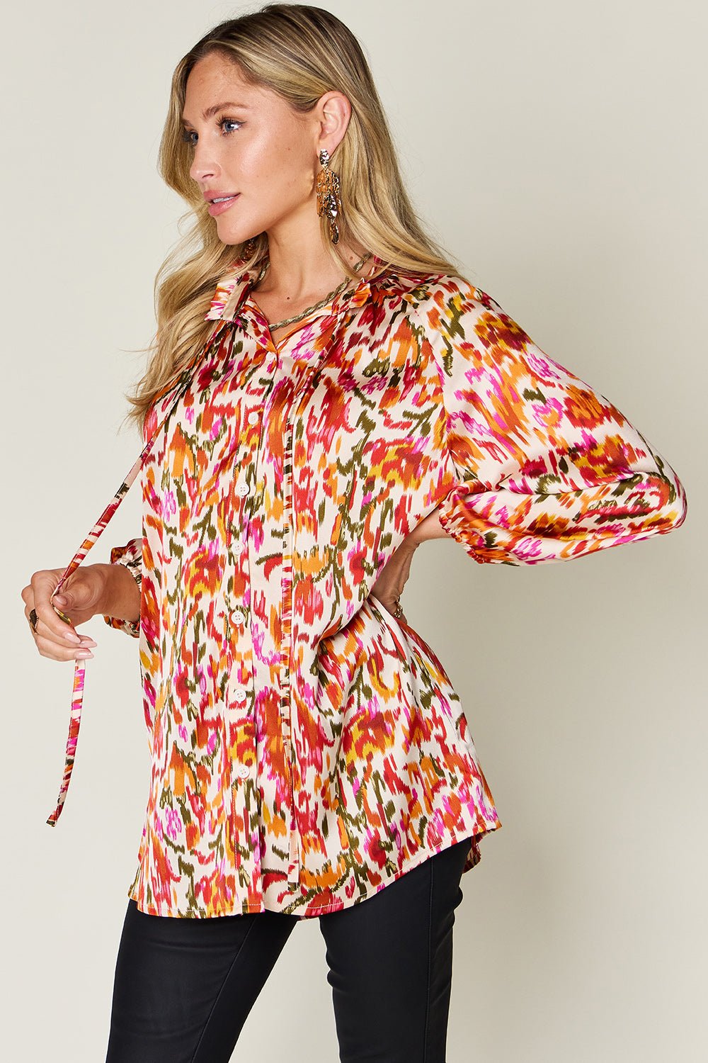 Double Take Full Size Printed Button Up Long Sleeve Shirt - Bella Blue Styles