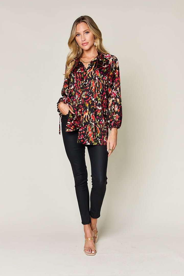 Double Take Full Size Printed Button Up Long Sleeve Shirt - Bella Blue Styles
