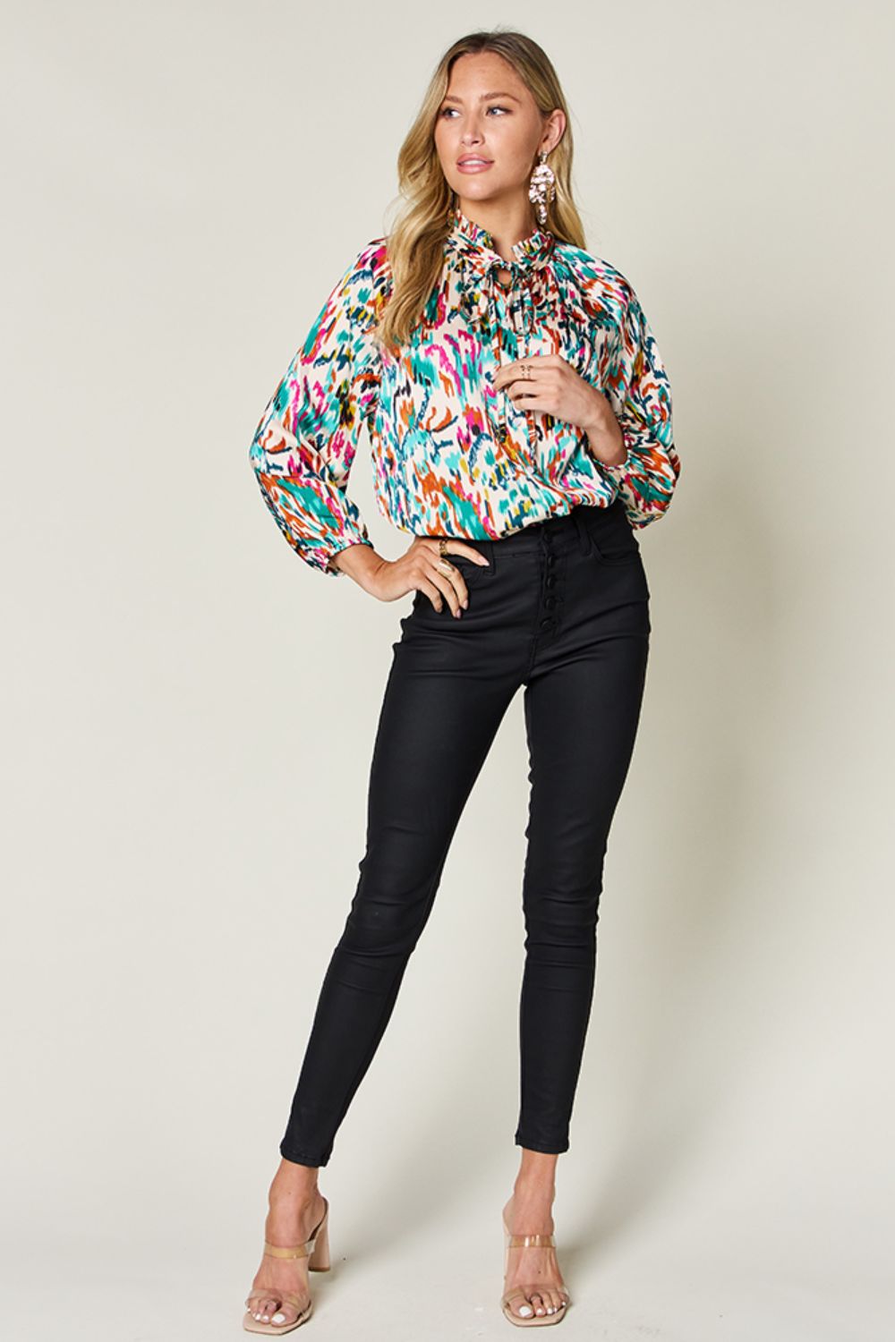 Double Take Full Size Printed Button Up Long Sleeve Shirt - Bella Blue Styles